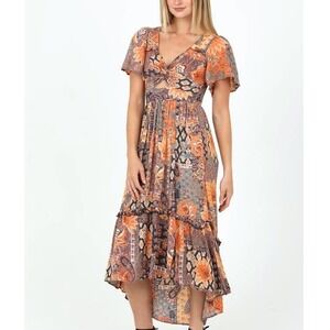 Orange Brown Paisley Twist Front Maxi M Dress Womens Cottagecore Witchy Cabin